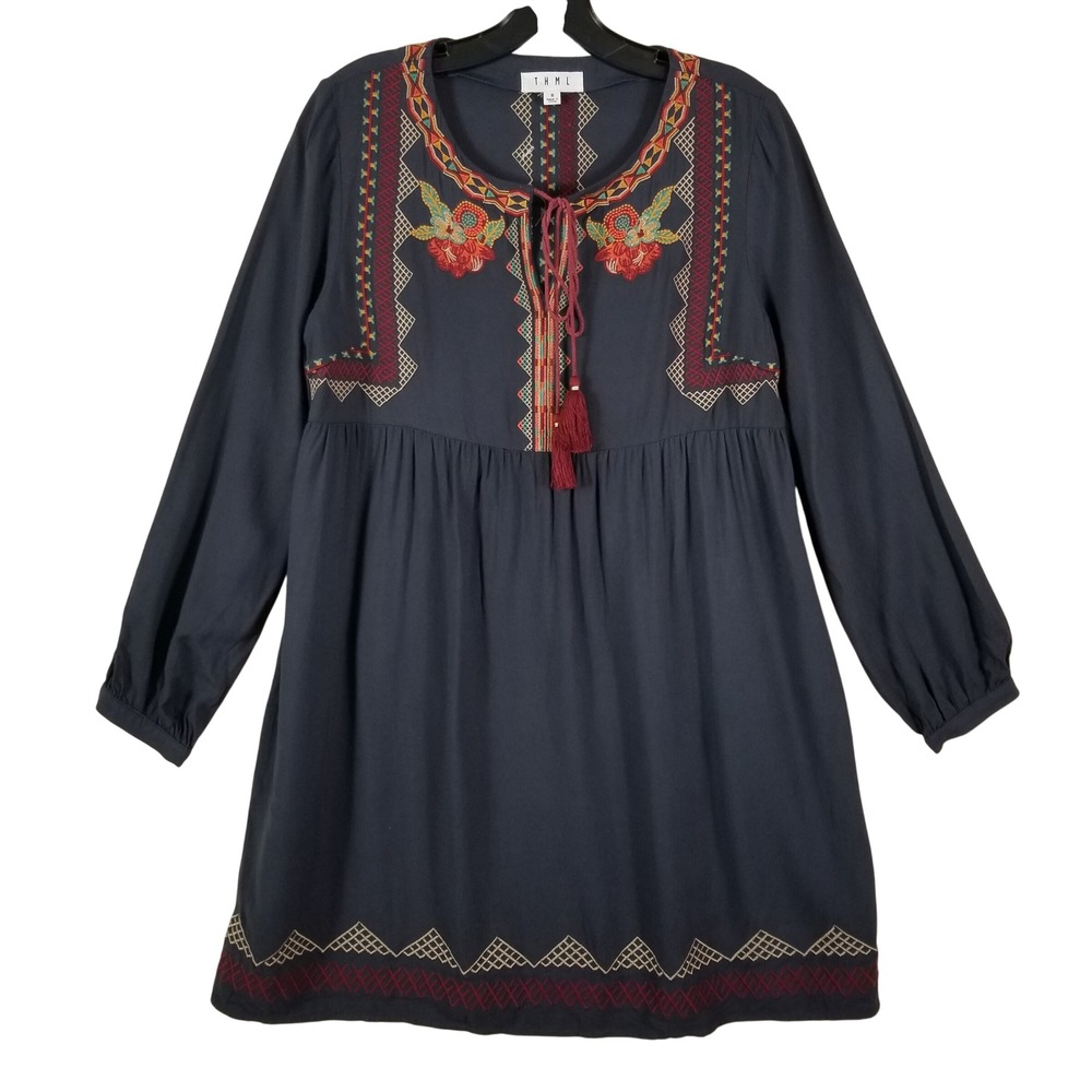 THML Navy Blue Embroidered Boho Babydoll Dress JH644 Tassel Tie Neck Womens S